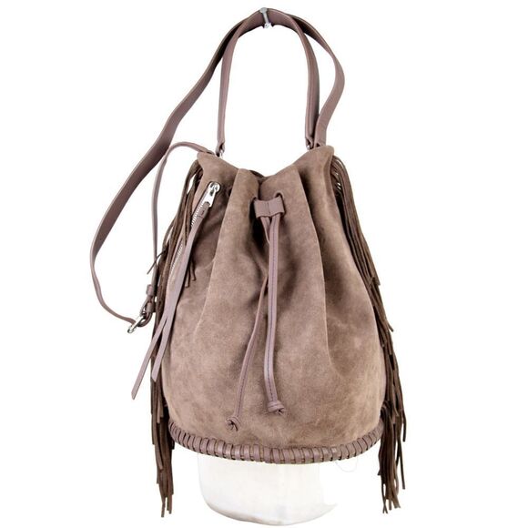 AllSaints BROWN GENUINE LEATHER DRAWSTRING FRINGE X-BODY SHOULDER BAG HANDBAG - Picture 1 of 12